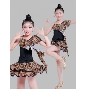 Leopard black patchwork girls kids children stage performance gymnastics latin salsa dance dresses outfits
